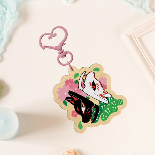 【Original】Dual Fox Mask | Wood Keychains