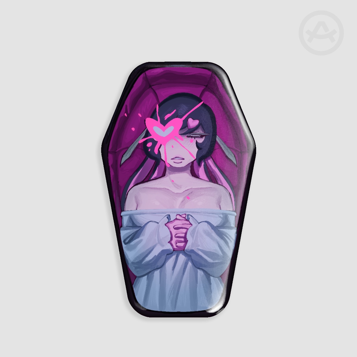 I lay here. Tinplate badge