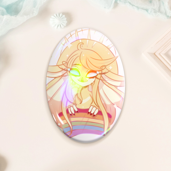 Speaker of God pride rainbow holo oval badge | hazbin hotel