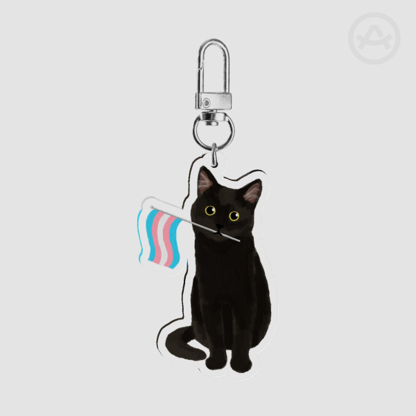 Black Cat Holding Transgender Pride Flag Clear Acrylic Keychains