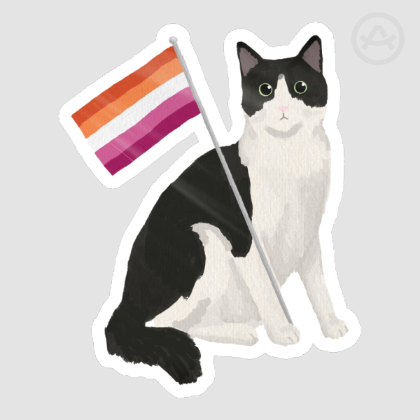 Tuxedo Cat Holding Lesbian Pride Flag Colored Edge Die Cut Stickers