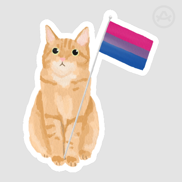 Orange Cat Holding Bisexual Pride Flag Colored Edge Die Cut Stickers