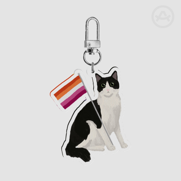 Tuxedo Cat Holding Lesbian Pride Flag Clear Acrylic Keychains