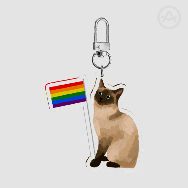 Siamese Cat Holding Gay Pride Flag Clear Acrylic Keychains