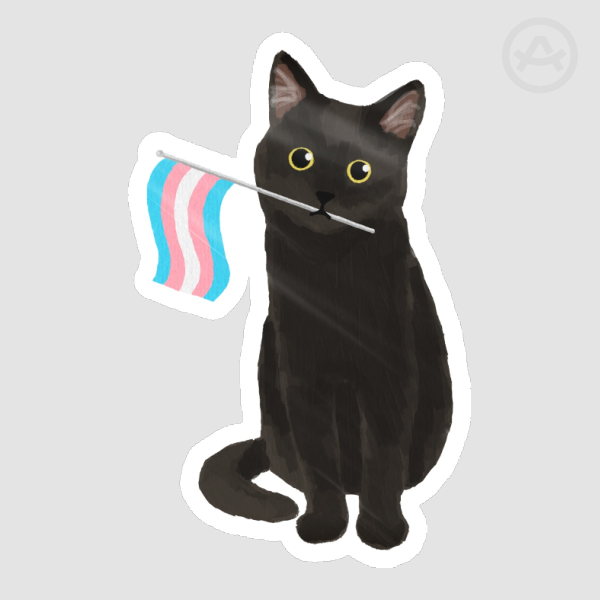 Black Cat Holding Transgender Pride Flag Colored Edge Die Cut Stickers