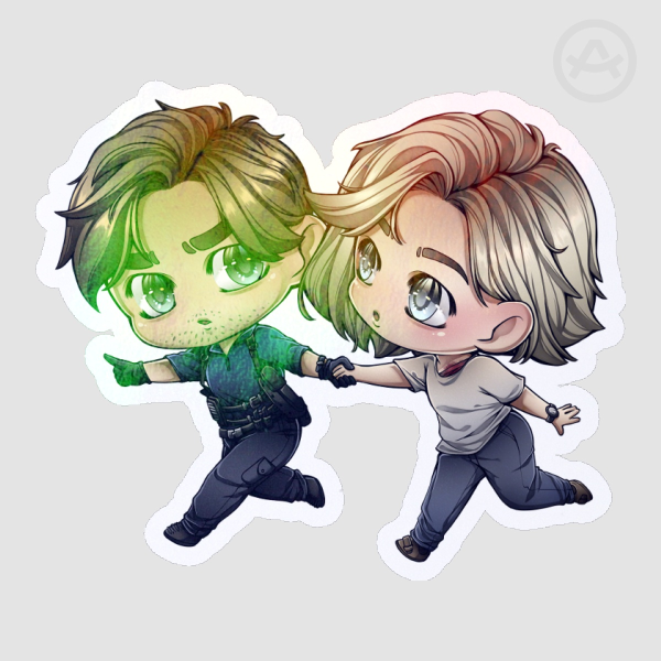 "Follow me" resident Evil Reqiuem Leon S. Kennedy & Grace Rainbow Holo Coated Die Cut Sticker, 6,4cm (2,51")