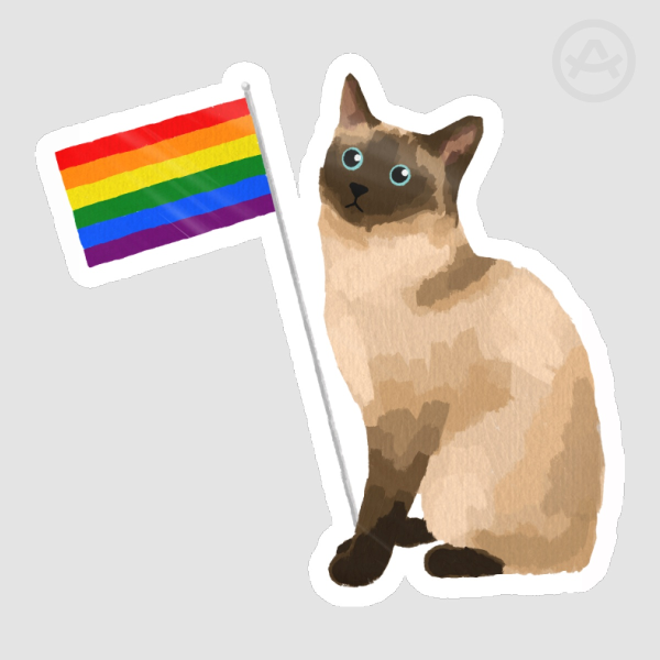 Siamese Cat Holding Pride Flag Colored Edge Die Cut Stickers