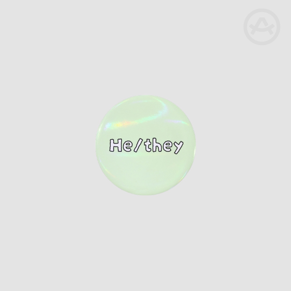 Pride he/they pronouns badge
