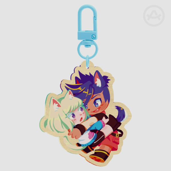 Dog Galo and Cat Lio Wood Keychain
