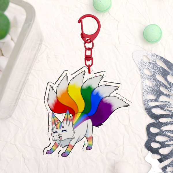Pride Kitsune Glitter Acrylic Keychain