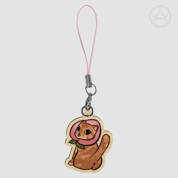 Peach Fruit Cat 1.5" Wooden Phone Charm Keychain