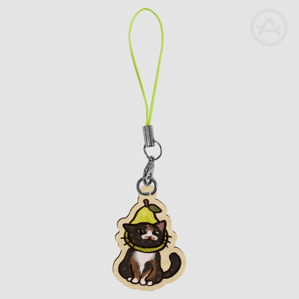 Pear Fruit Cat 1.5" Wooden Phone Charm Keychain
