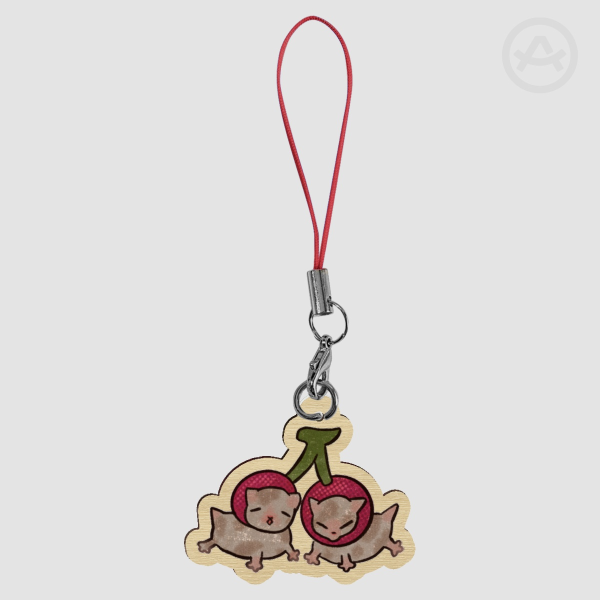Cherry Fruit Cat 1.5" Wooden Phone Charm Keychain