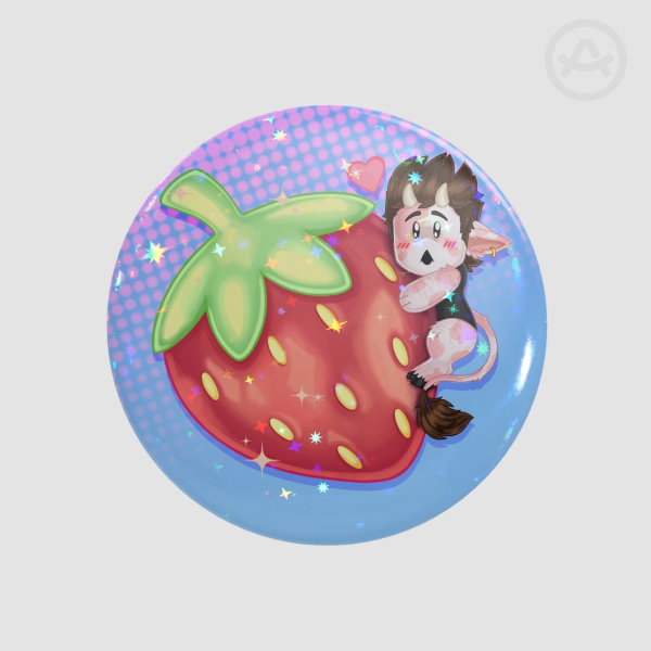 Chibi Micha with big strawberry - Round Badges with HOLO STAR (Button Pins)