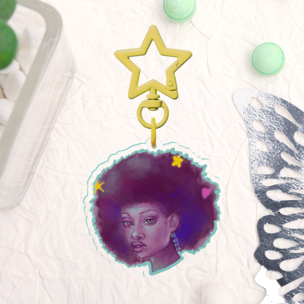 Purple 'Fro Girl - Yellow Star Acrylic Keychain | Colorful Impressionist Pretty Girl drawing