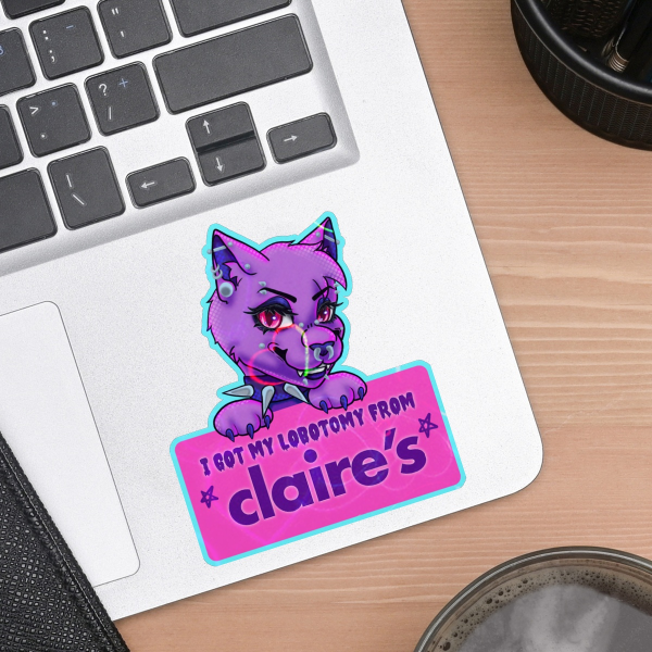 Lobotomy Cat Meme Holo Heart Colored Edge Die Cut Stickers