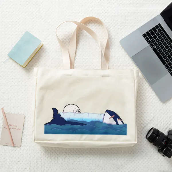 Orca and Seal || Vertical Part-print Canvas Tote Bags - 16.9″x12.6″x3.1″(43x32x8cm)