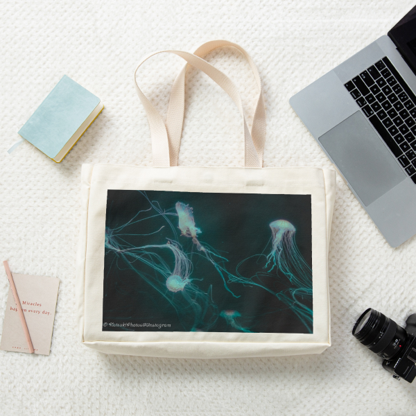 Jellyfish Photography || Vertical Part-print Canvas Tote Bags - 16.9″x12.6″x3.1″(43x32x8cm)