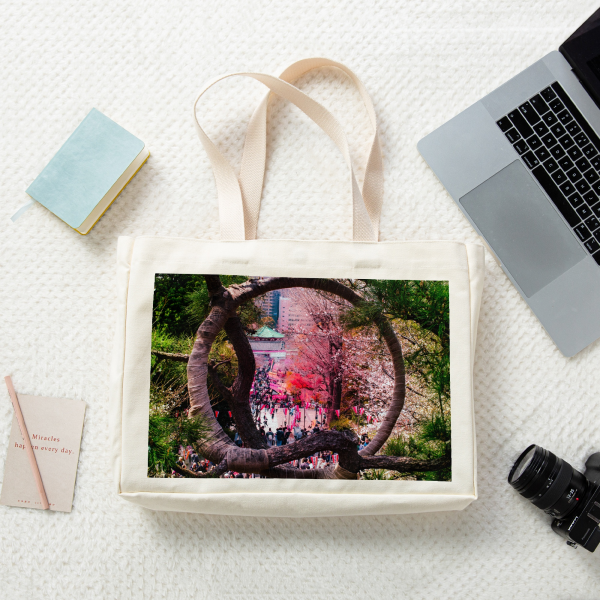 Sakura in a ring of branches Photography || Vertical Part-print Canvas Tote Bags - 16.9″x12.6″x3.1″(43x32x8cm)
