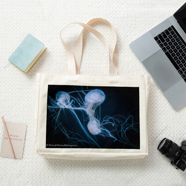 Blue Jellyfish Photography || Vertical Part-print Canvas Tote Bags - 16.9″x12.6″x3.1″(43x32x8cm)