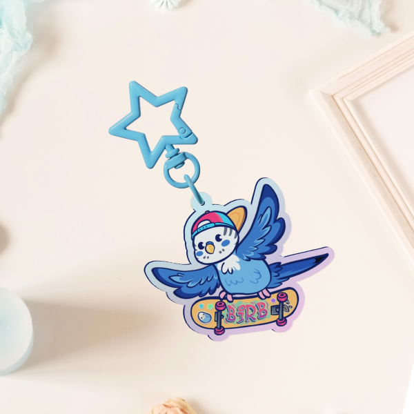 Blue Budgie Rainbow Acrylic Keychain