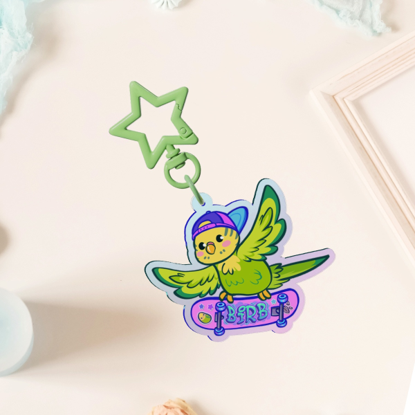 Green Budgie Rainbow Acrylic Keychain