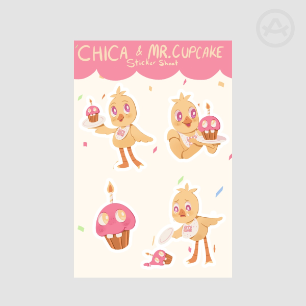 Fnaf Chica and Mr Cupcake Coated Paper Stickers Sheet