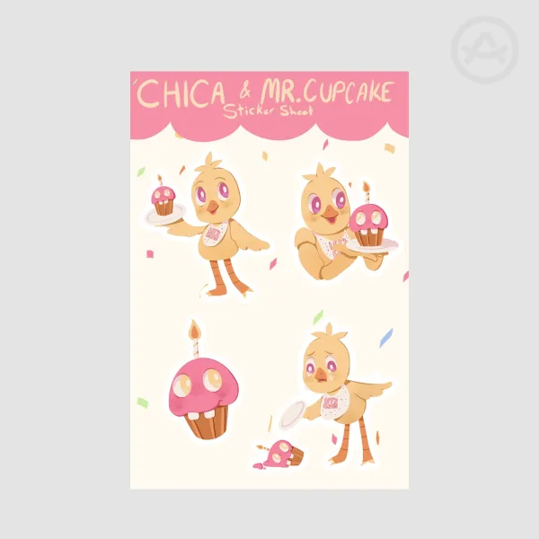 Fnaf Chica and Mr Cupcake Coated Paper Stickers Sheet