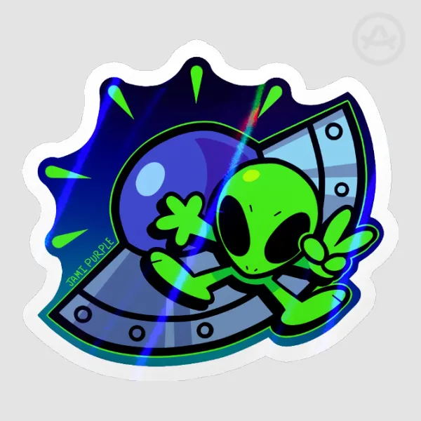 GREEN ALIEN WITH UFO - STICKER