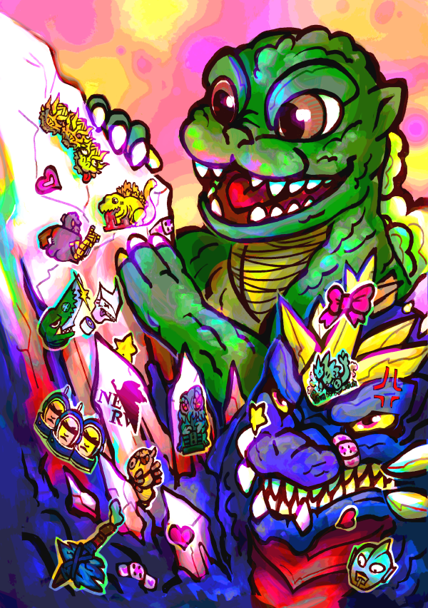 Godzilla Junior Stickerbombing Space Godzilla A4 Print