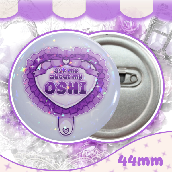 "ask me about my oshi" purple ⋆ round badge pin