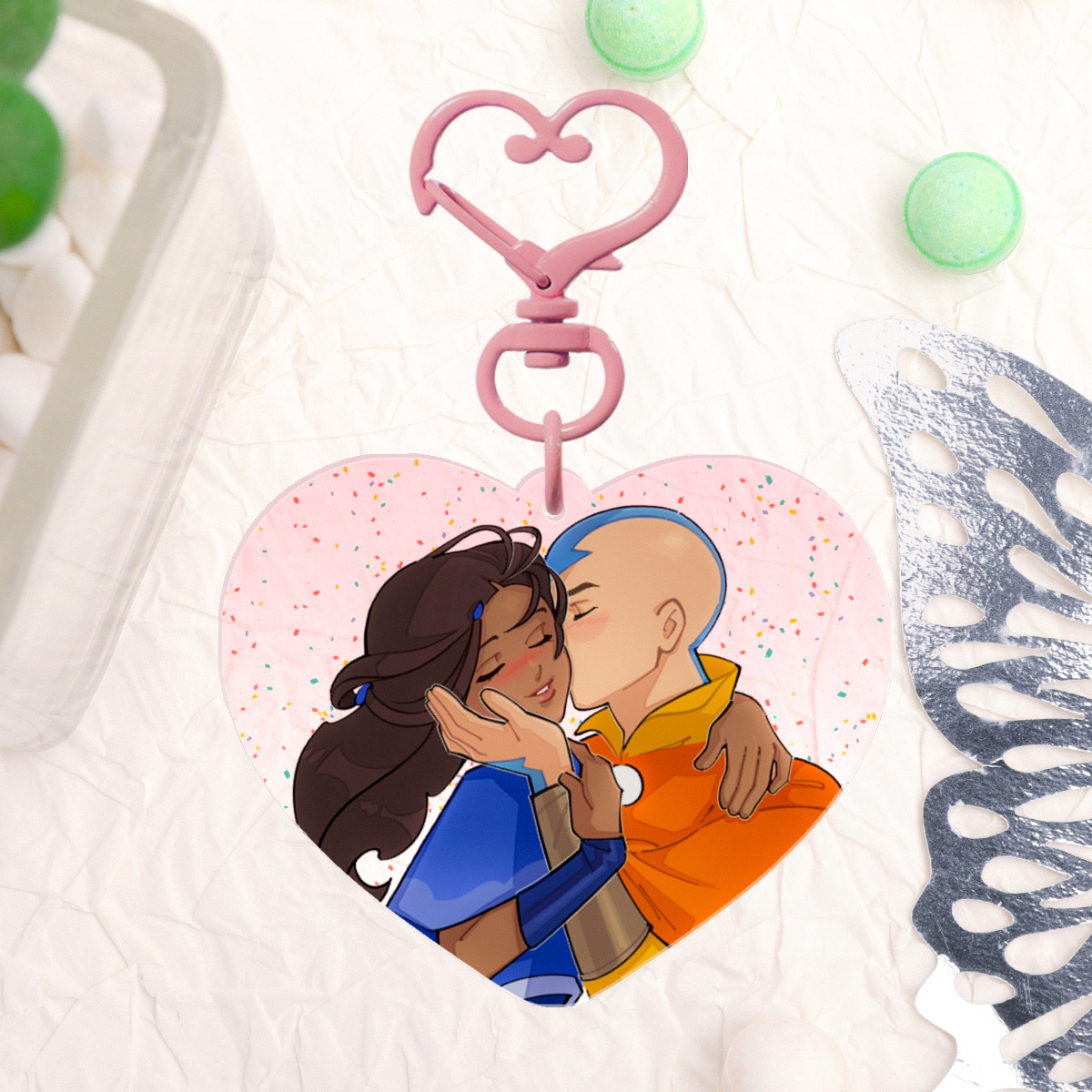 Legend of Aang: The Last Airbender Aang x Katara (Kataang) Sparkle Heart Charm Keychain