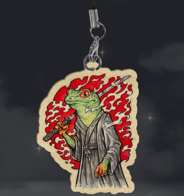 Japanese Samurai Frog Wood Keychain