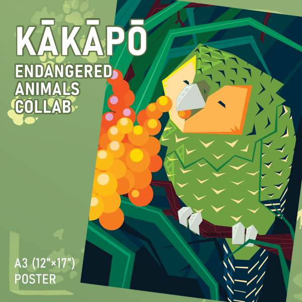 Kakapo Owl-Parrot Bird | Endangered Animals Collab | A3 (12"x17") Print Poster