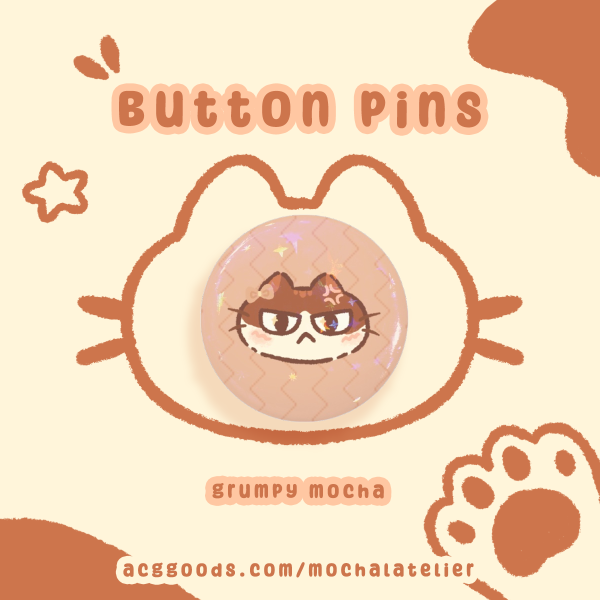 Mocha Cat Button Pins - Grumpy