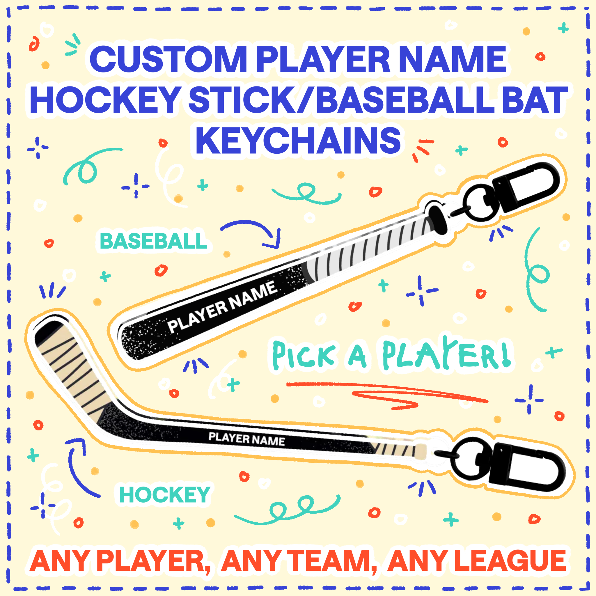 Custom Player Hockey Stick/Baseball Bat Keychain (YCH)