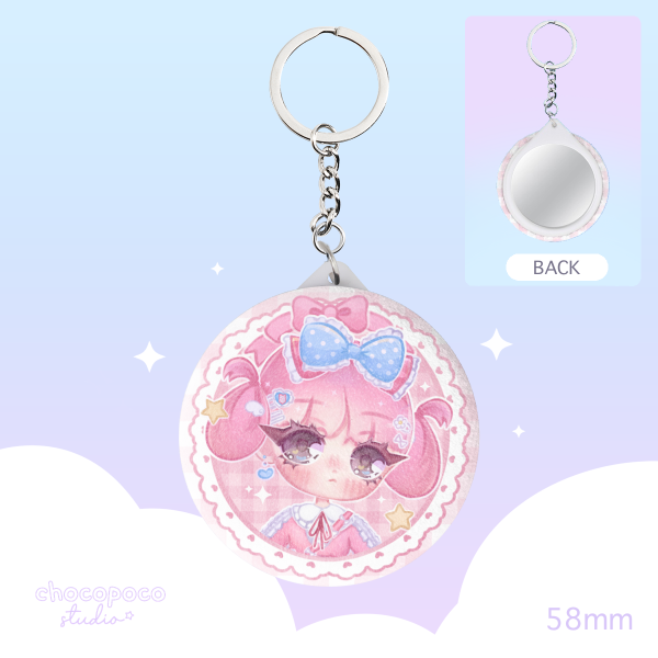 Plush Badge Mirror Keychains - Kawaii Bunny girl, pastel pink, cute illustration, bow