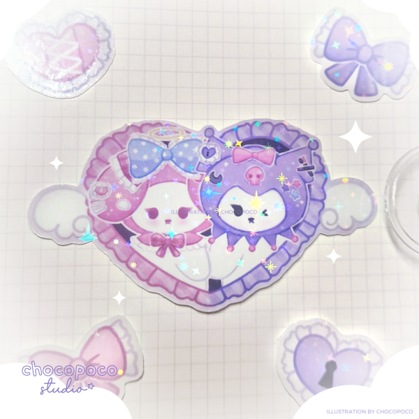 Sticker - Kawaii Bunnies Sweetheart, die-cut, holographic sparkle, pastel stickers, cute stationery