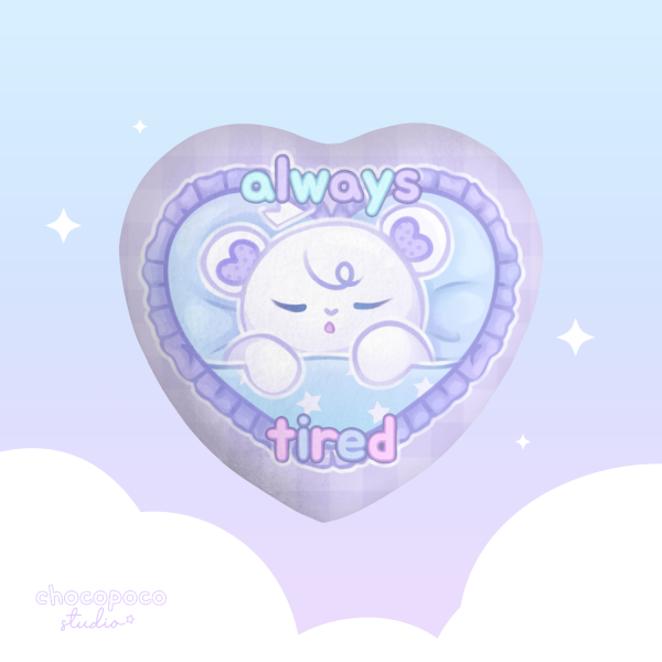 Heart Shape Plush Badge - Kawaii sleepy bear, always tired, pastel purple