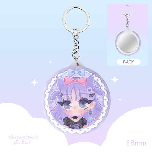 Plush Badge Mirror Keychains - Kawaii Bunny girl, pastel purple, cute illustration, bow