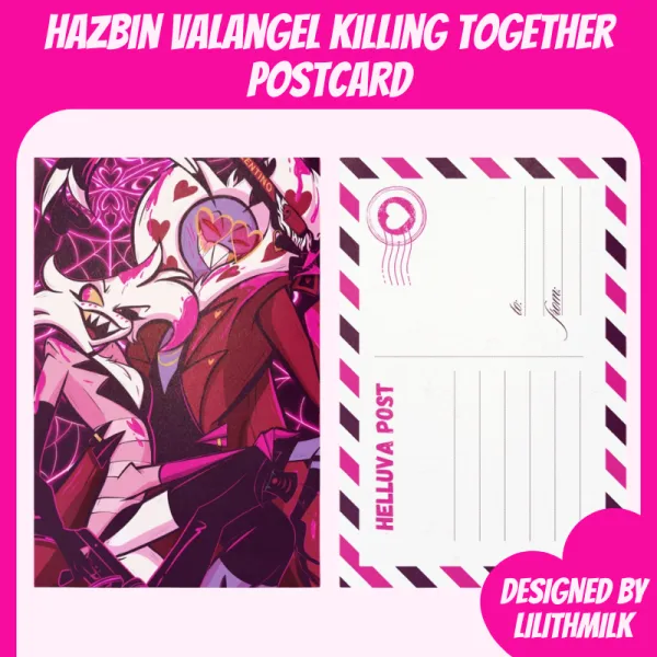 Hazbin Hotel Angel Dust Valentino ValAngel Slaying Together Postcard