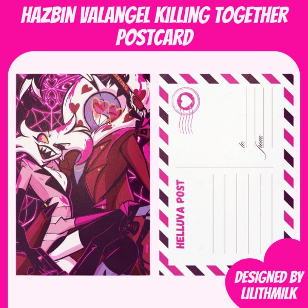 Hazbin Hotel Angel Dust Valentino ValAngel Slaying Together Postcard