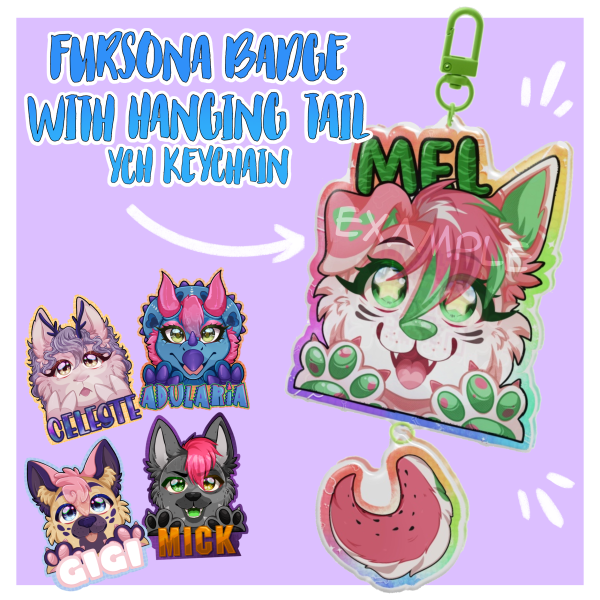 YCH Fursona Badge Style Keychain with Hanging Tail charm