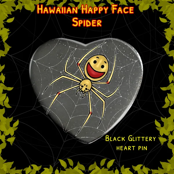 Hawaiian Happy face spider black heart glitter button pin