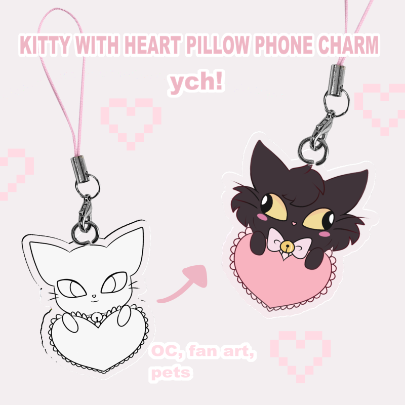 YCH || Kitty with heart pillow phone charm || 5cm